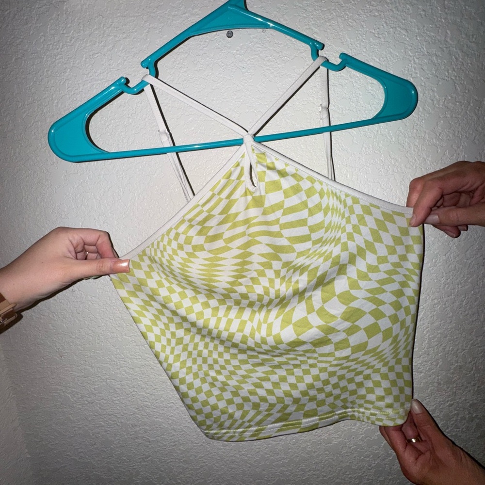 Stella Tweed Green and Cream Checkered Halter Top